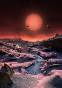 Pohľad z jednej z planét na materskú hviezdu TRAPPIST-1 v predstavách umelca