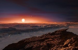 Umelcova predstava planéty obiehajúcej okolo červeného trpaslíka Proxima Centauri. Zdroj: ESO