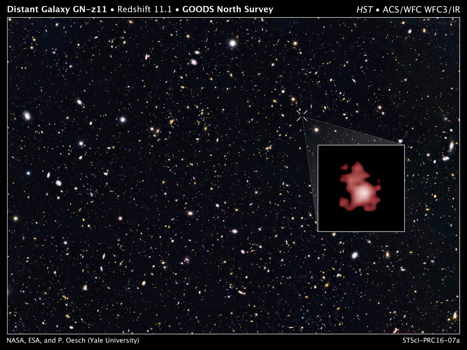 Galaxia GNz11, na snímke z teleskopu HST, je najvzdialenejšou doteraz zameranou galaxiou.