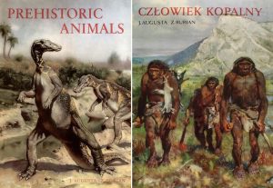 Obálky dvoch kníh. Na jednej sú dinosaury, veďľa kniha o prehistorickom človeku
