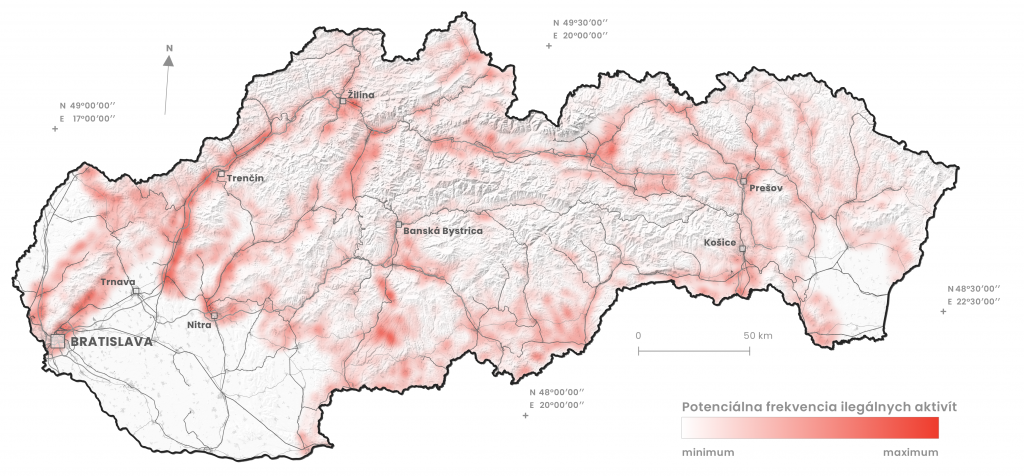 Frekvencia potenciálneho výskytu nelegálnej aktivity na mape Slovenska