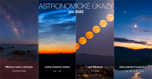 Koláž astronomických úkazov v júni 2025.