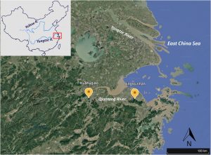 Mapa pobrežia Číny s vyznačenými oblasťami výskumu