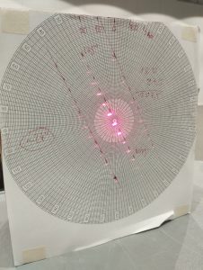 Mriežka s nákresmi a svetelnými lúčmi lasera