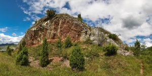 Skala hnedastej farby pokrytá vegetáciou