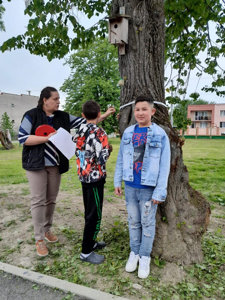 Žiaci pod dohľadom učiteľky merajú obvod stromu