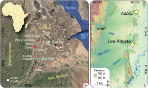 Na mape je vyznačená významná poloha výskumnej lokality v Etiópii