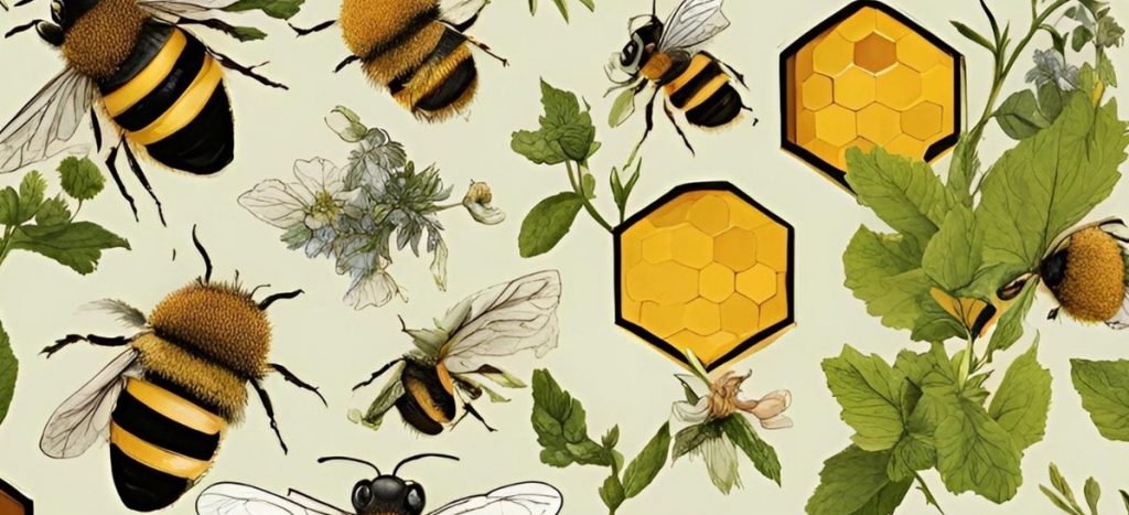 Včely, rastliny a medové plásty na spoločnej ilustrácii