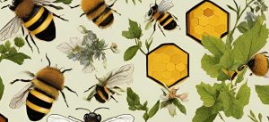 Včely, rastliny a medové plásty na spoločnej ilustrácii