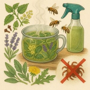 Ilustrácia zobrazuje rôzne bylinky a včely lietajúce okolo nich. V pozadí je fľaša s rozprašovačom.