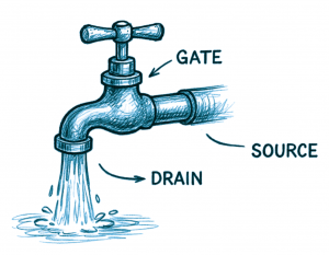 Vodovodný kohútik s vyznačenými časťami gate, drain, source