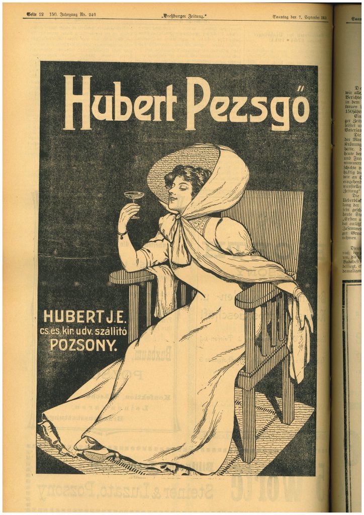 Reklama na šumivé víno s dámou v dobových šatách