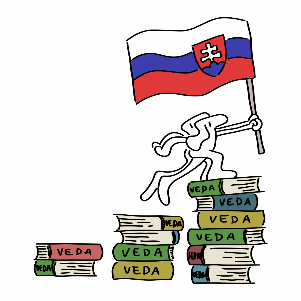 Postava so slovenskou vlajkou kráča po stupienkoch z kníh s nápisom veda