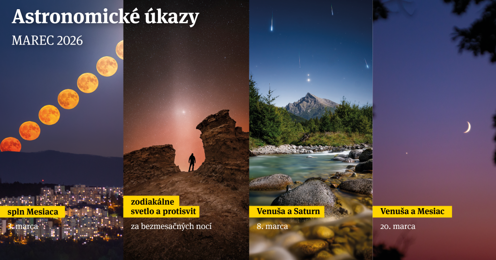 Koláž astronomických úkazov v mesiaci marec 2026