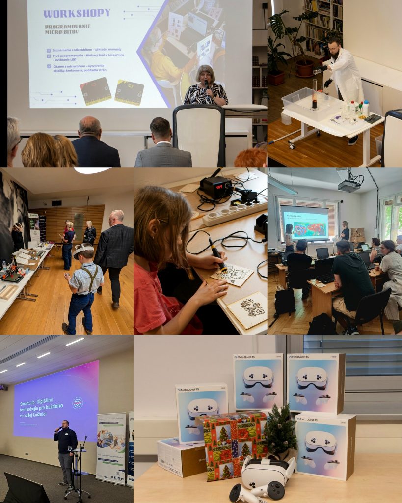 Koláž zo snímok, na ktorých sú rôzne aktivity v SmartLaboch, ako aj ich prezentácie