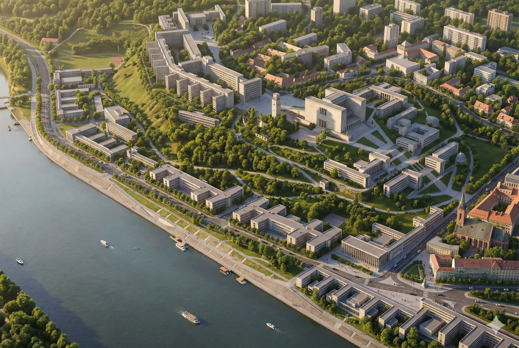 Univerzitné mesto na hradnom kopci vedľa Dunaja v Bratislave