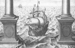 Ilustrácia lode, ktorá sa plaví po vode medzi dvoma stĺpmi