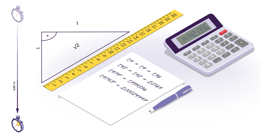 Stopky, kalkulačka, papier s perom a pravítko na jednoduchej ilustrácii