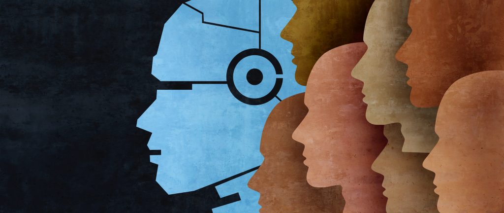 Ilustrácia futuristickej AI robotickej hlavy a ľudských hláv ako vyjadrenie komplikovaného vzťahu človeka a umelej inteligencie