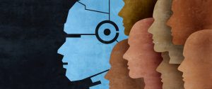 Ilustrácia futuristickej AI robotickej hlavy a ľudských hláv ako vyjadrenie komplikovaného vzťahu človeka a umelej inteligencie