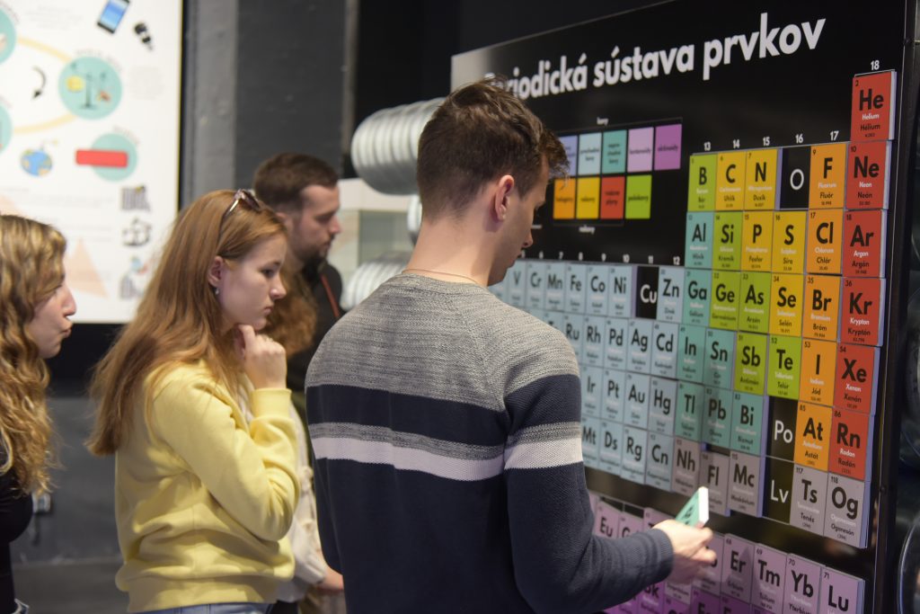 Študenti stoja pred periodickou tabuľkou prvkov