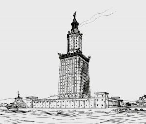 Maják na čiernobielej ilustrácii