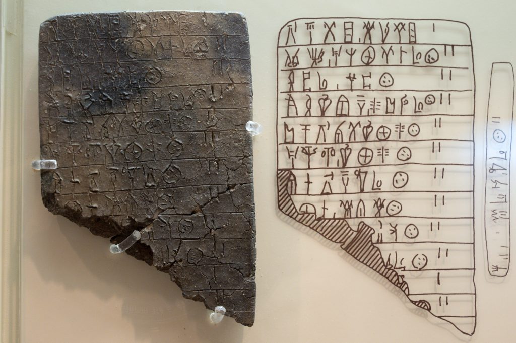 Pôvodný tablet z Mykén s lineárnym písmom B, vedľa prepis tohto starovekého písma