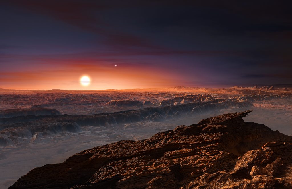 Umelecká predstava povrchu exoplanéty Proxima Centauri b