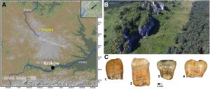 Koláž troch fotografií: Poloha jaskyne, letecký pohľad na jej vstup a zuby neandertalcov