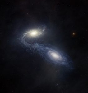 Ilustrácia zrážky a spájania galaxií