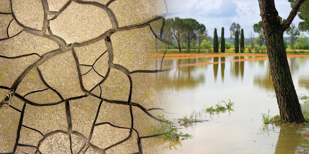 Suchá popraskaná pôda so zatopenou krajinou na jednej fotografii